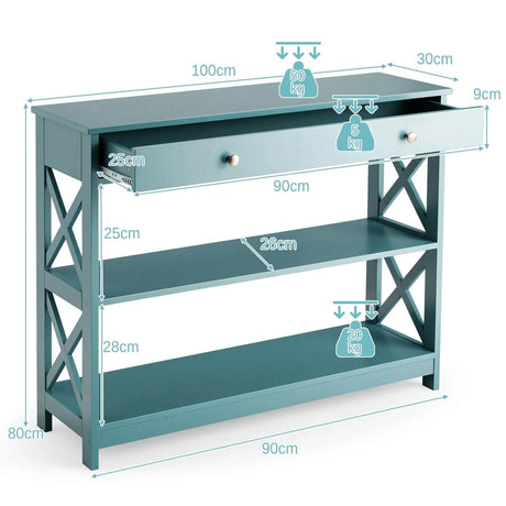 Console Table 3-Tier with Drawer and Storage Shelves-Turquoise