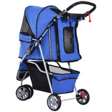 PawHut Dog Stroller, 3 Wheels Foldable Cat Dog Pram with Cup Holder, Storage Basket, Pet Stroller for Small Miniature Dogs, Blue