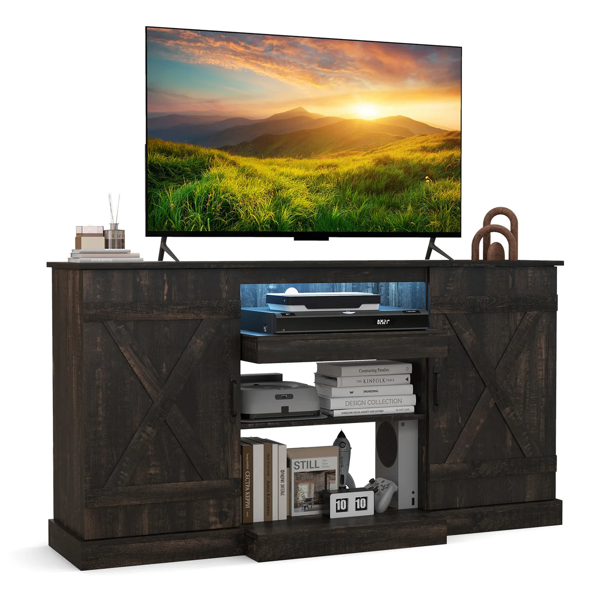 58 Inches TV stand for TVs up to 65 Inches with 20 Color Led Lights-Coffee
