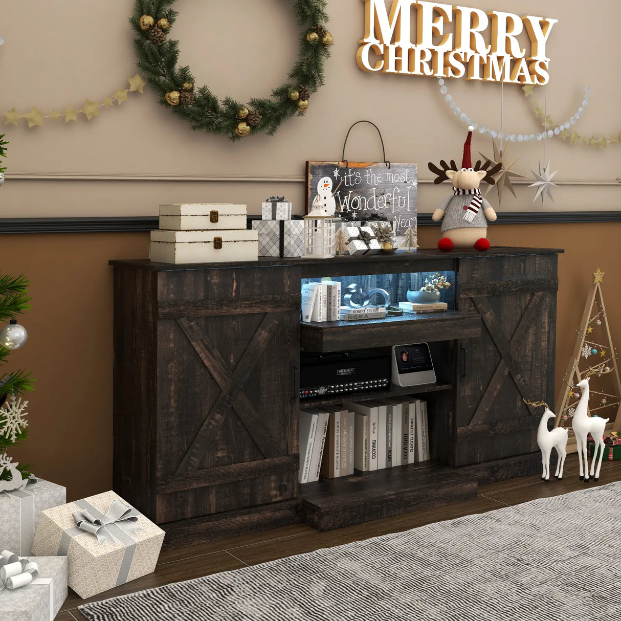 58 Inches TV stand for TVs up to 65 Inches with 20 Color Led Lights-Coffee