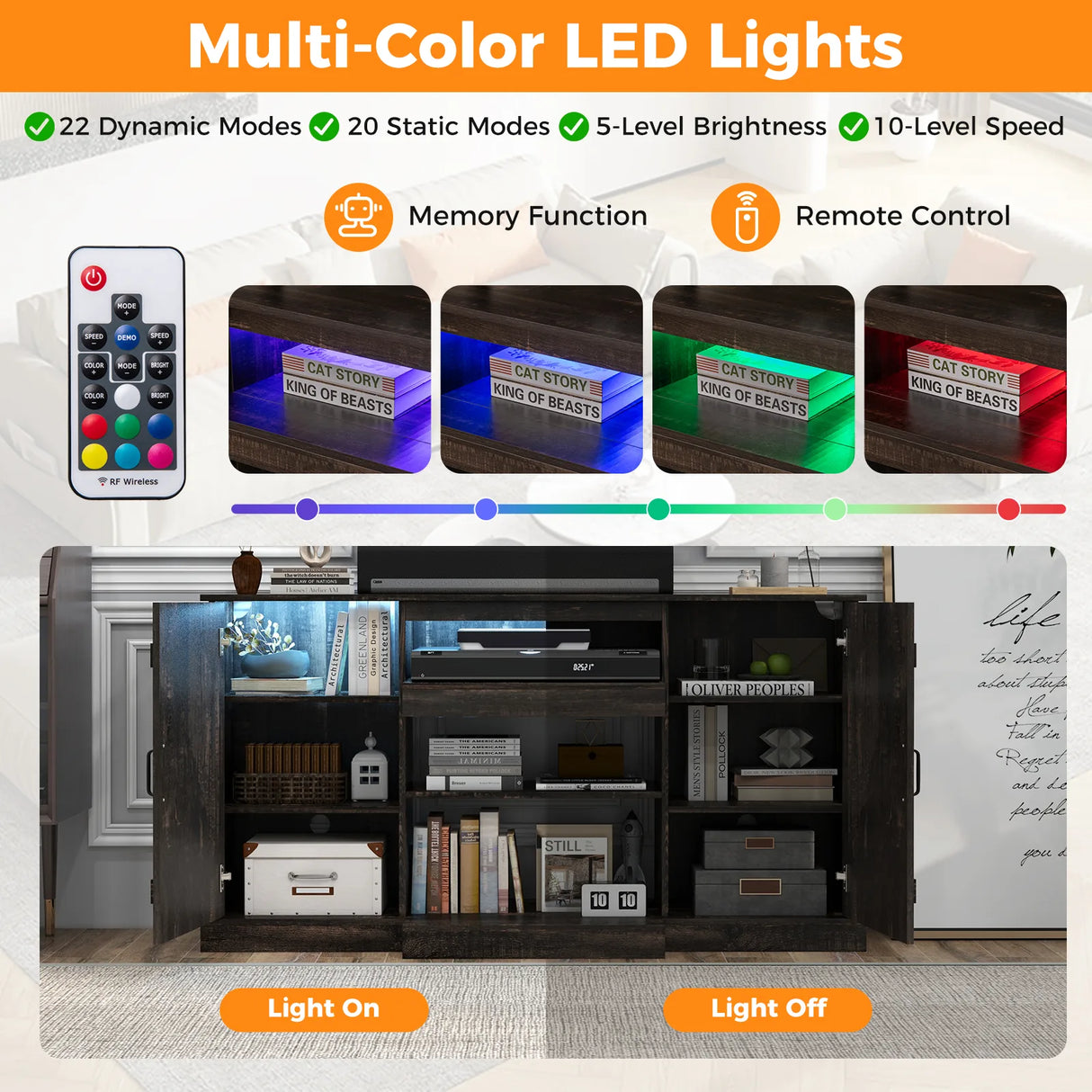 58 Inches TV stand for TVs up to 65 Inches with 20 Color Led Lights-Coffee