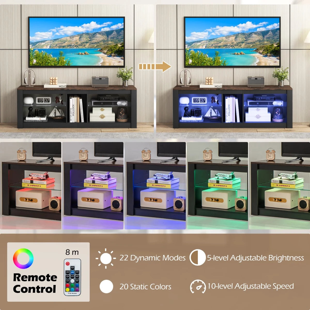 TV Stand with LED Light Modern Entertainment Center for TVs up to 65 inch-Brown