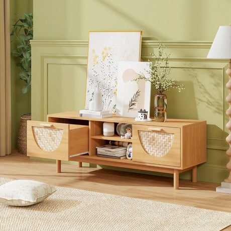 TV Console Media Cabinet with Drawers and Bamboo Woven Fronts for Living Room Bedroom-Natural