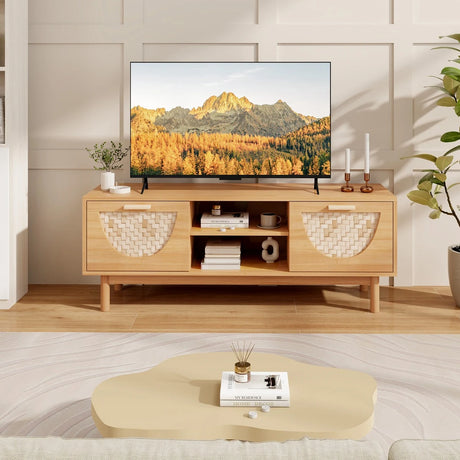 TV Console Media Cabinet with Drawers and Bamboo Woven Fronts for Living Room Bedroom-Natural