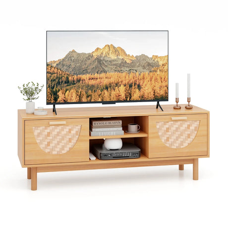TV Console Media Cabinet with Drawers and Bamboo Woven Fronts for Living Room Bedroom-Natural
