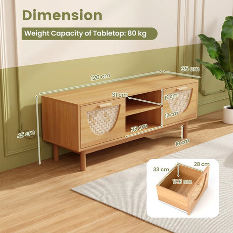 TV Console Media Cabinet with Drawers and Bamboo Woven Fronts for Living Room Bedroom-Natural
