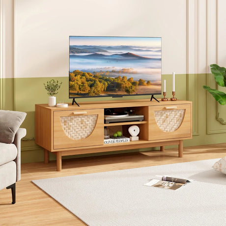 TV Console Media Cabinet with Drawers and Bamboo Woven Fronts for Living Room Bedroom-Natural