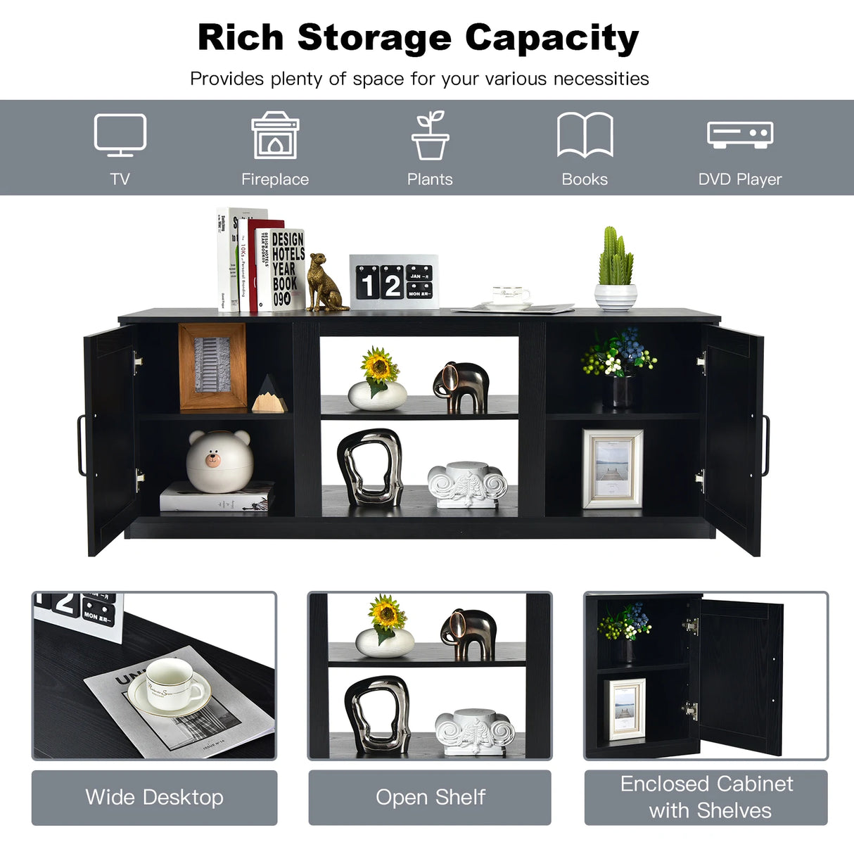 58 Inch TV Stand with 1500W Faux Fireplace for TVs up to 65 Inch-Black