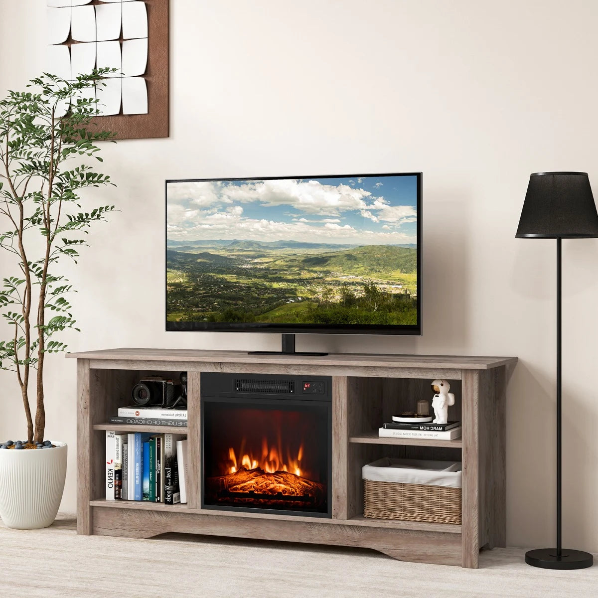 TV Stand for up to 65" Flat Screen TVs with Adjustable Shelves for 18" Electric Fireplace (Not Included)-Gray