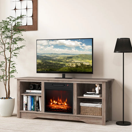 TV Stand for up to 65" Flat Screen TVs with Adjustable Shelves for 18" Electric Fireplace (Not Included)-Gray