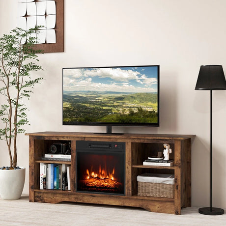 TV Stand for up to 65" Flat Screen TVs with Adjustable Shelves for 18" Electric Fireplace (Not Included)-Rustic Brown