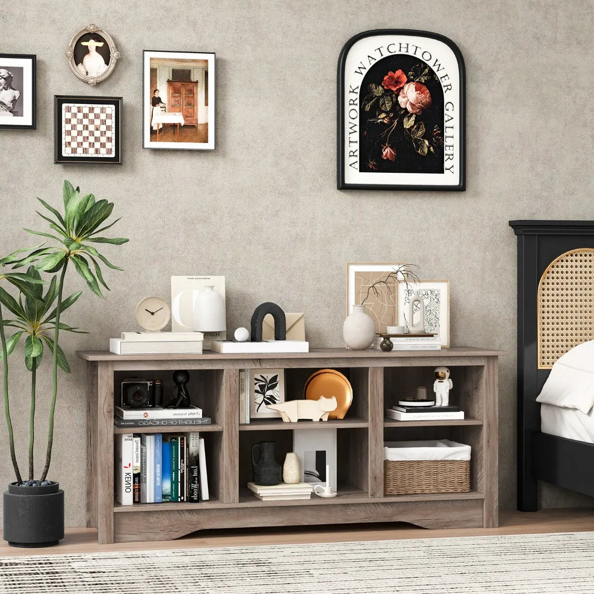 TV Stand for up to 65" Flat Screen TVs with Adjustable Shelves for 18" Electric Fireplace (Not Included)-Gray