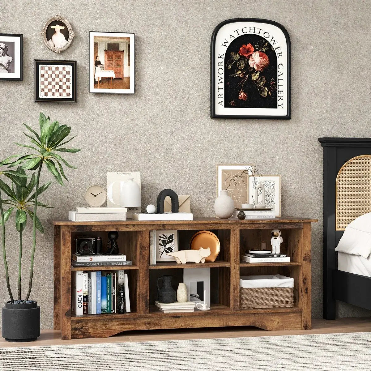 TV Stand for up to 65" Flat Screen TVs with Adjustable Shelves for 18" Electric Fireplace (Not Included)-Rustic Brown