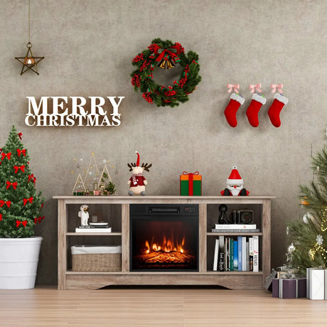 TV Stand for up to 65" Flat Screen TVs with Adjustable Shelves for 18" Electric Fireplace (Not Included)-Gray
