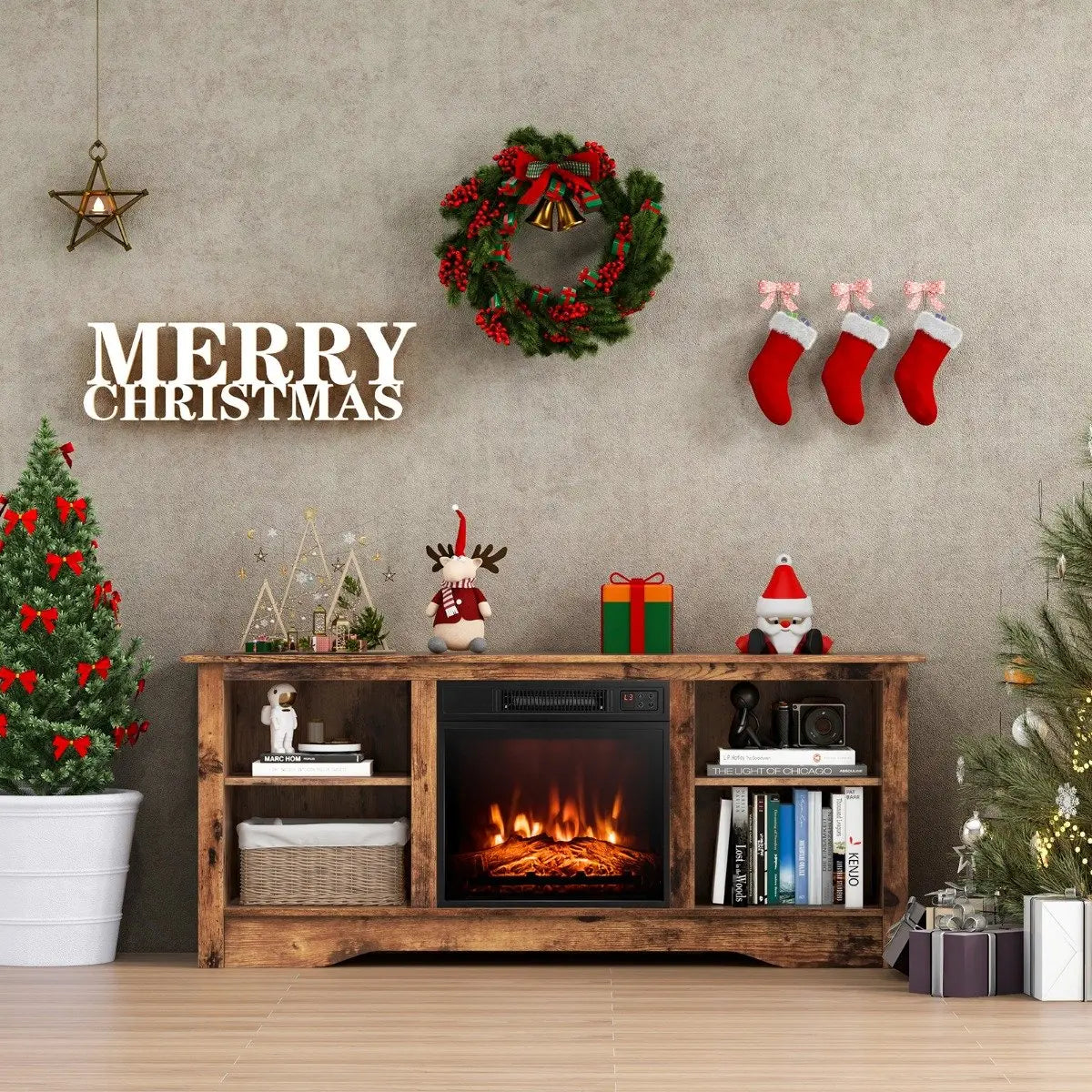 TV Stand for up to 65" Flat Screen TVs with Adjustable Shelves for 18" Electric Fireplace (Not Included)-Rustic Brown