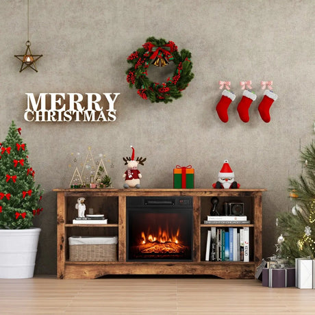 TV Stand for up to 65" Flat Screen TVs with Adjustable Shelves for 18" Electric Fireplace (Not Included)-Rustic Brown