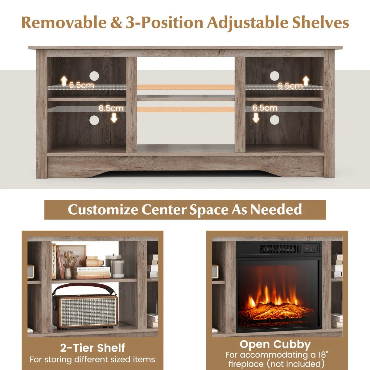 TV Stand for up to 65" Flat Screen TVs with Adjustable Shelves for 18" Electric Fireplace (Not Included)-Gray