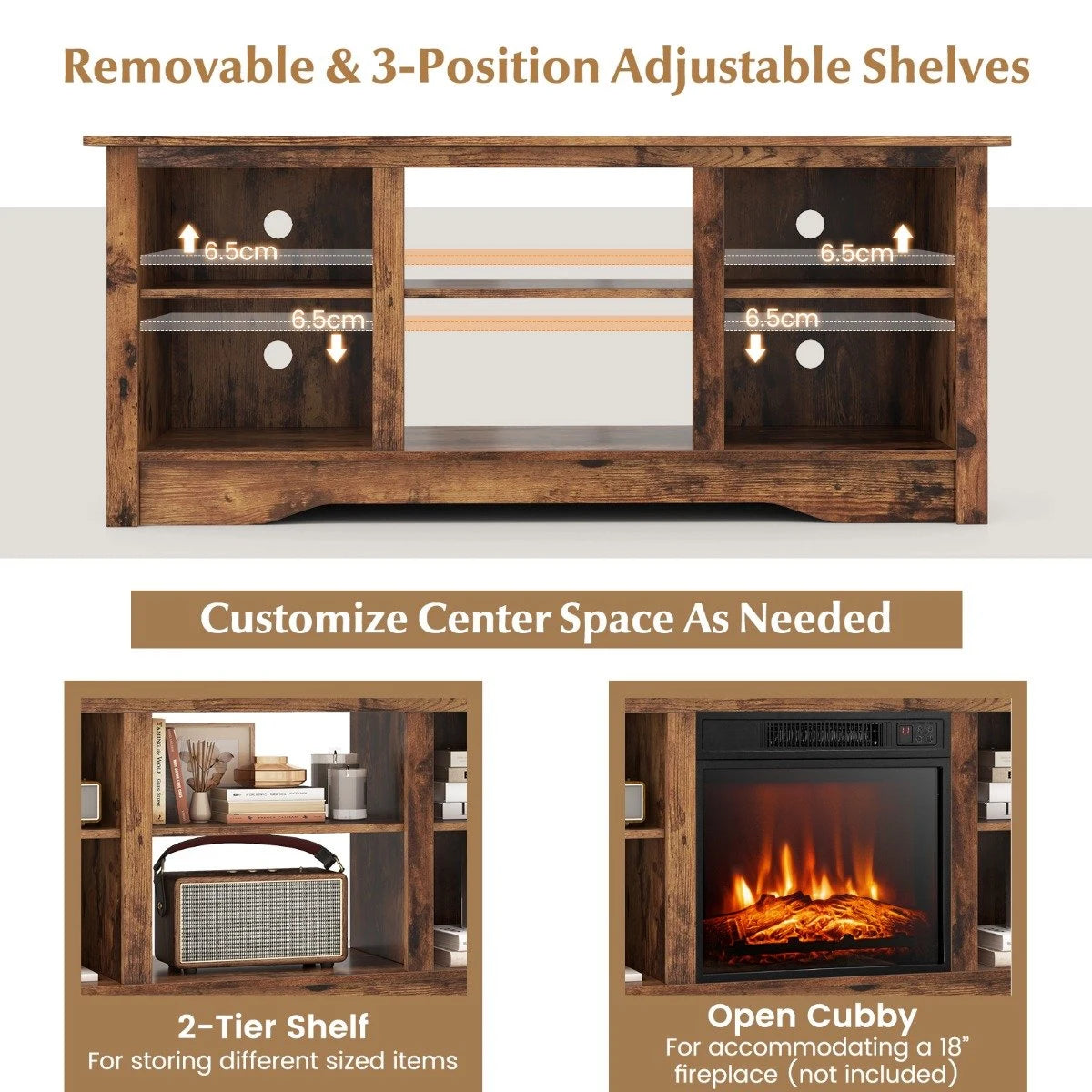 TV Stand for up to 65" Flat Screen TVs with Adjustable Shelves for 18" Electric Fireplace (Not Included)-Rustic Brown