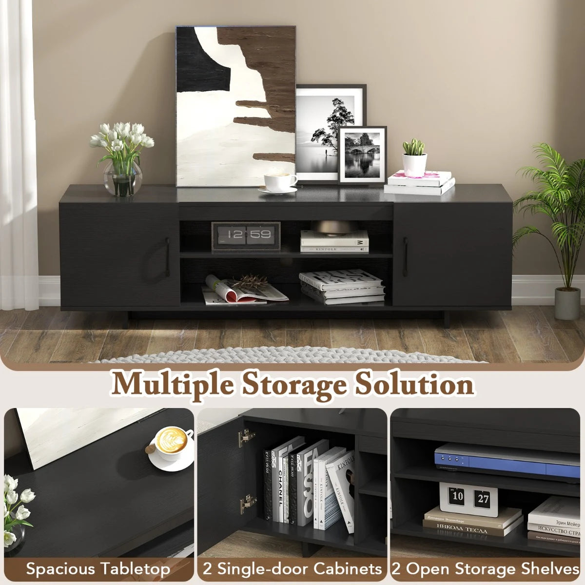 TV Stand for TVs up to 70 Inches with Power Outlet and 2 Cable Holes-Black