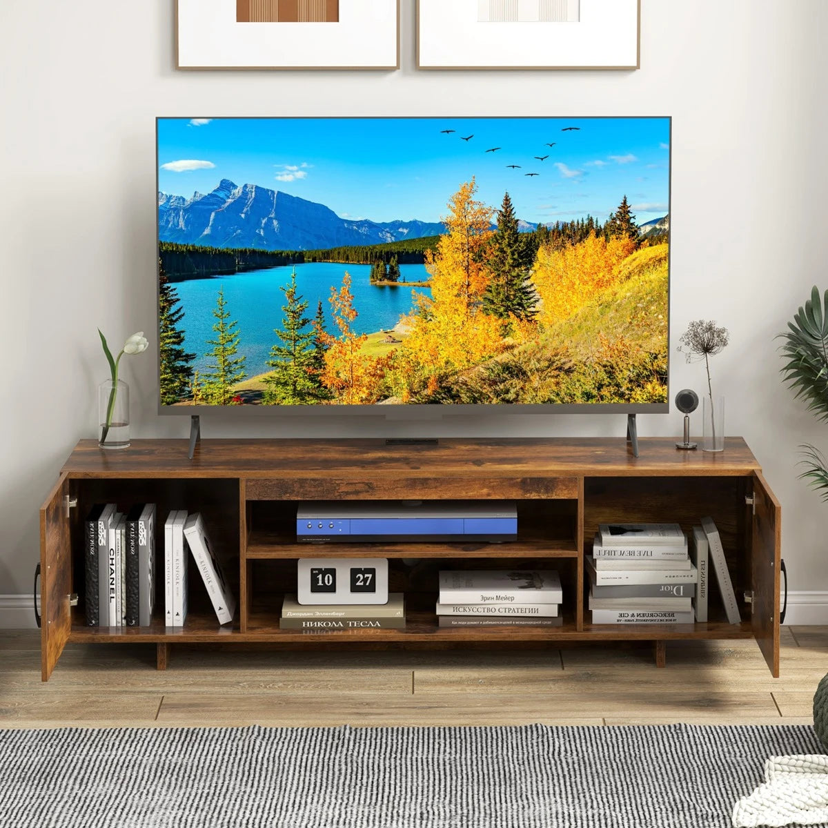 TV Stand for TVs up to 70 Inches with Power Outlet and 2 Cable Holes-Rustic Brown
