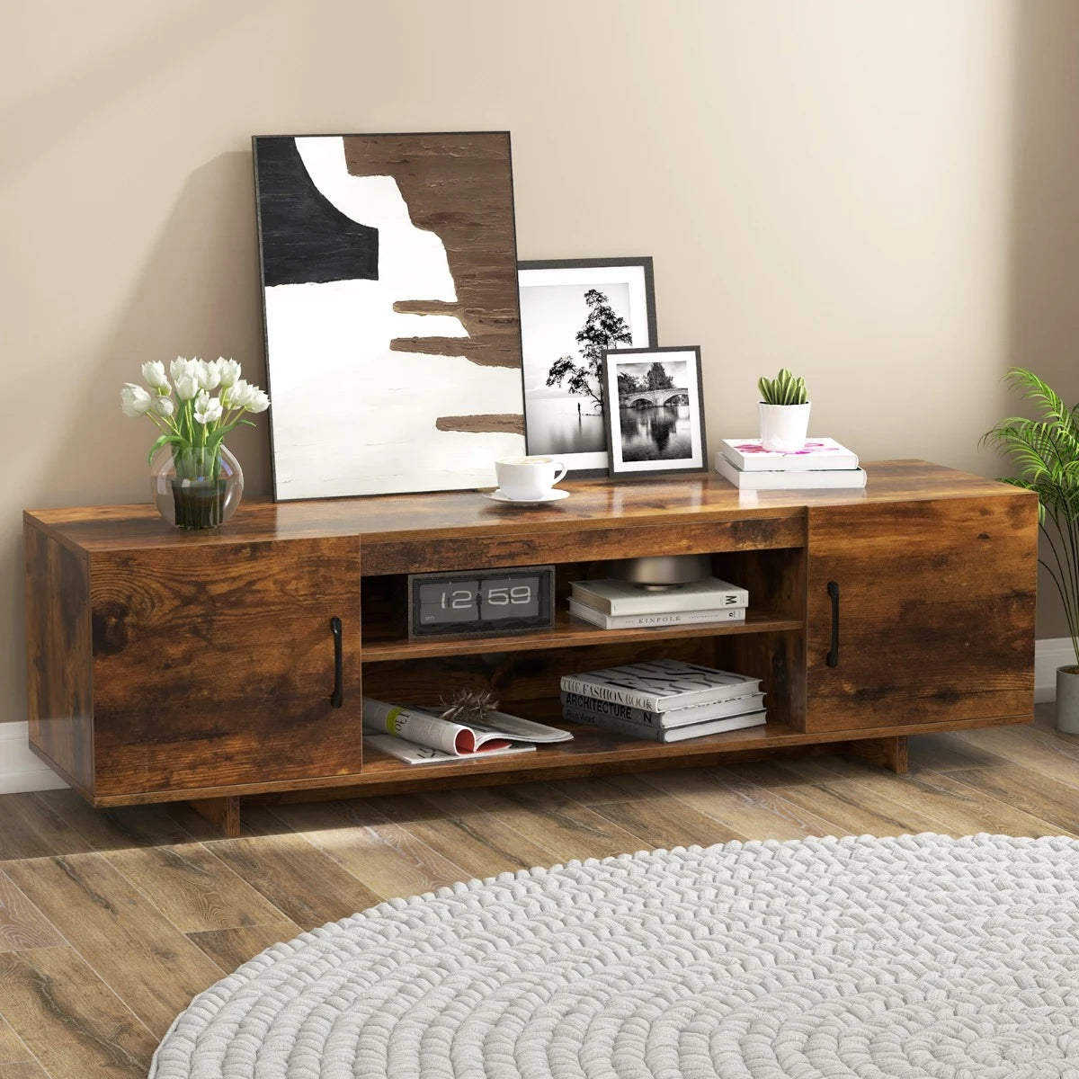 TV Stand for TVs up to 70 Inches with Power Outlet and 2 Cable Holes-Rustic Brown