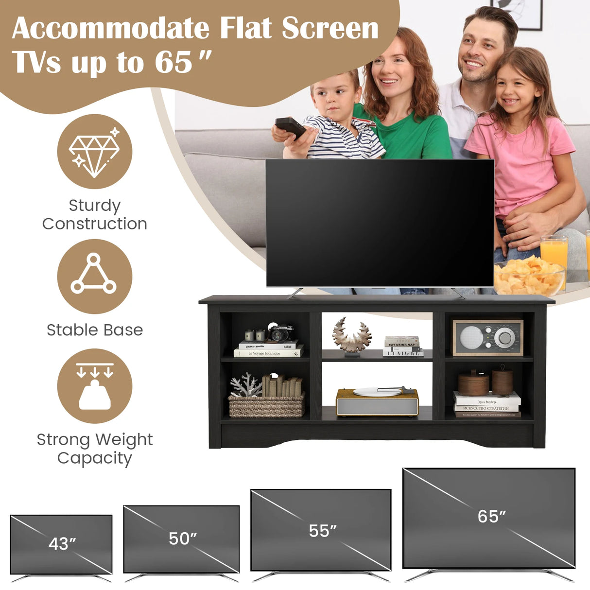 TV Stand Console Table for up to 65" with Adjustable Shelves-Black