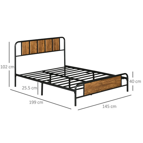 HOMCOM 4.8ft Double Bed Frame with Industrial Wood Headboard, Steel Slat Support and 25.5cm Underbed Storage Space, 145 x 199cm, Rustic Brown