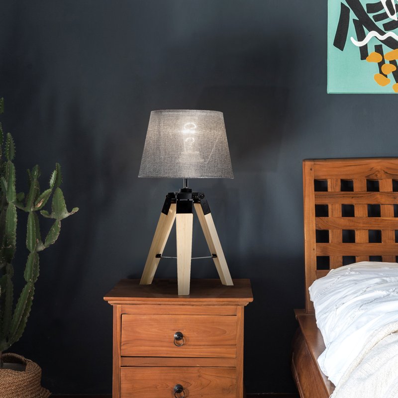 HOMCOM Wooden Tripod Table Lamp for Side, Desk or End Table with E27 Bulb Base14Grey Shade14