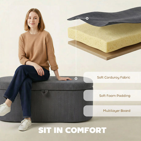 HOMCOM Storage Ottoman, Corduroy Upholstered Ottoman Storage Box with Padded Seat, 105 x 51 x 49 cm, Dark Grey