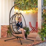 Outsunny Rattan Hanging Egg Chair, Foldable Wicker Hammock Swing Chair with Cushion, Stand, Adjustable Height, Head Pillow, Steel Frame for Garden Patio Indoor Outdoor, Light Grey
