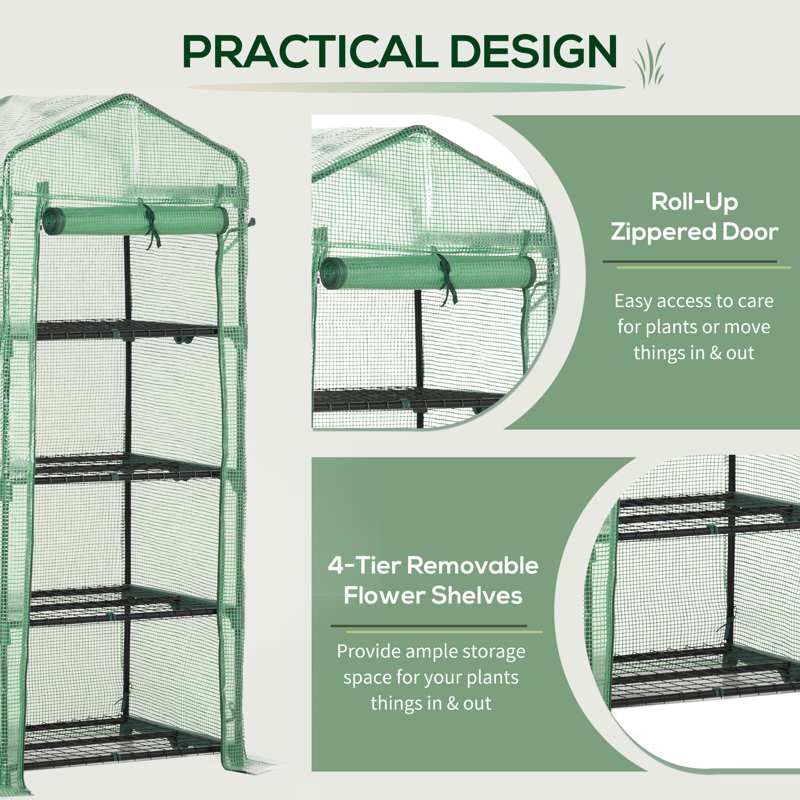 Outsunny 4 Tier Mini Greenhouse, Portable Compact Green House with Steel Frame, PE Cover, Roll-up Door, 70 x 50 x 160 cm, Green