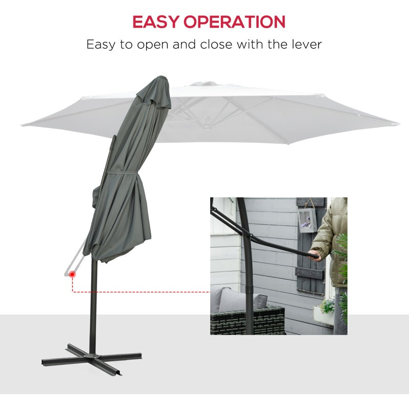 Outsunny 3m Cantilever Parasol with Easy Lever, Patio Umbrella with Crank Handle, Cross Base and 6 Metal Ribs, Outdoor Sun Shades for Garden, Grey