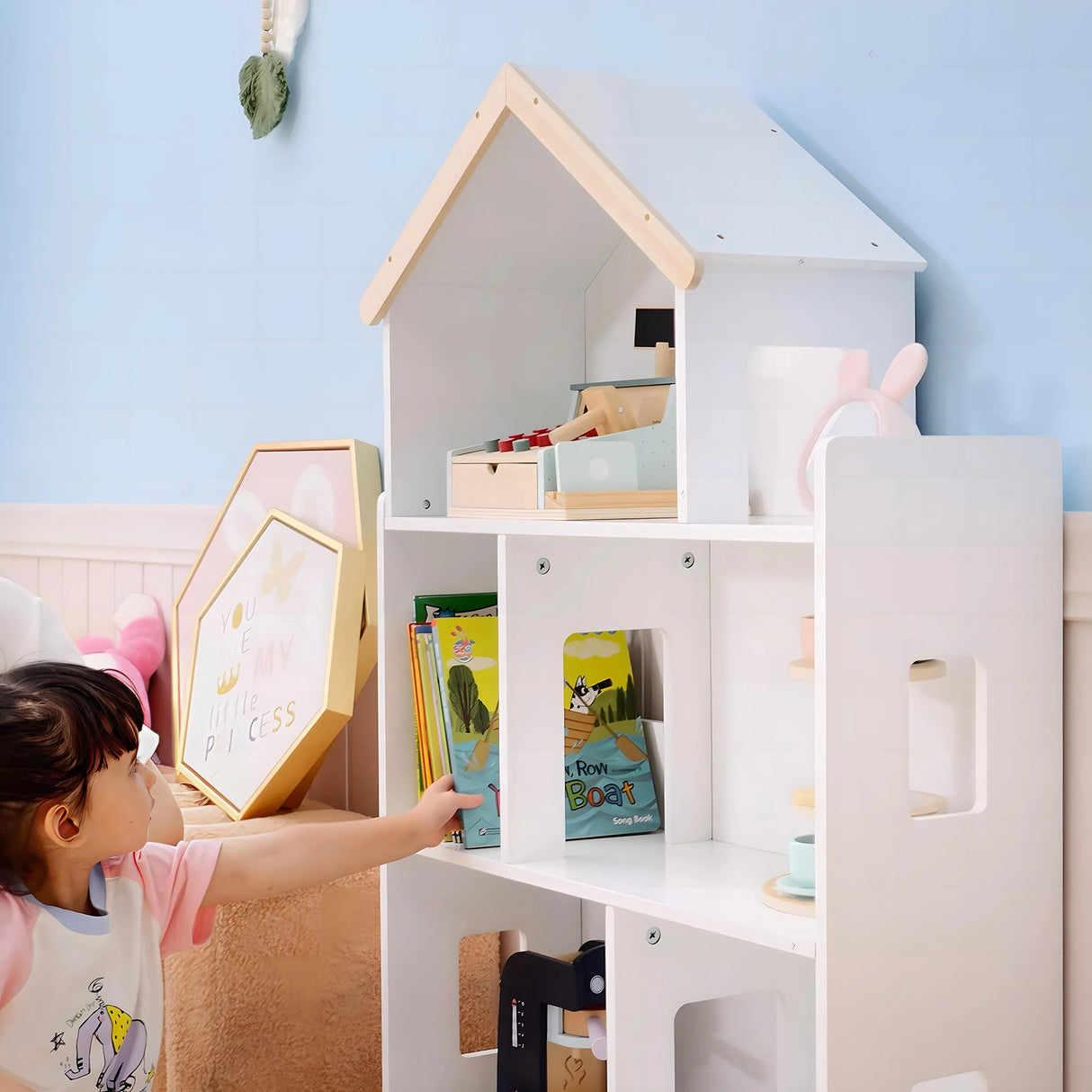 ZONEKIZ Three-Tier Toy Storage Shelf, Kids Bookcase, with Six Cubes, for Playroom, Bedroom - White