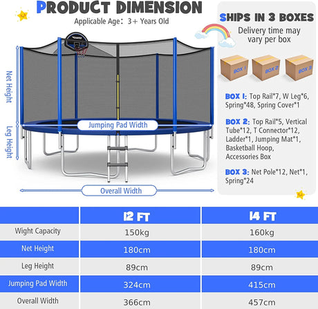 12/14/15/16 Feet Outdoor Recreational Trampoline with Enclosure Net-12 ft