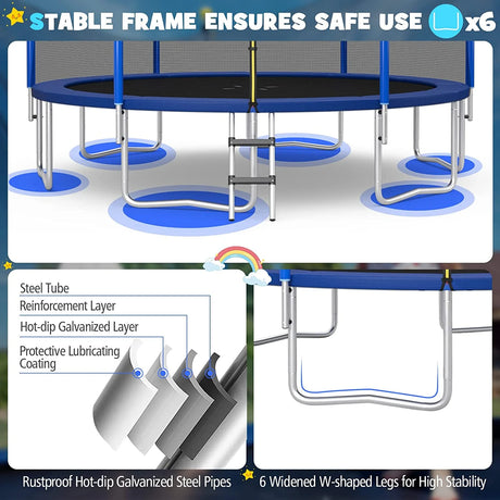 12/14/15/16 Feet Outdoor Recreational Trampoline with Enclosure Net-12 ft