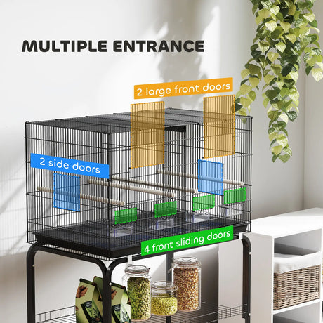 PawHut Bird Cage with Divider, 4 Wooden Perches, Slide Out Tray, 4 Feeders, for Budgie, Lovebird, Canary, 76 x 46 x 116cm Black