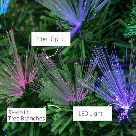 HOMCOM 6FT Multicoloured Artificial Christmas Tree w/ Fibre Optic Lights Pre-Lit Modes Metal Stand Star Holder Home Seasonal Decoration