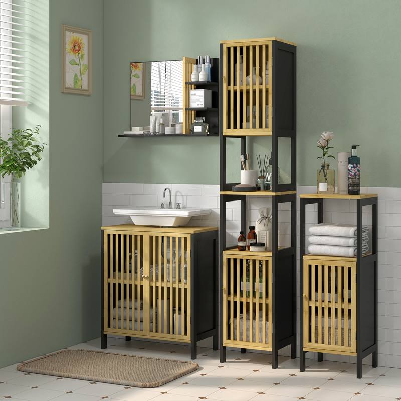 HOMCOM Bamboo-Blend Retro Cut-Out Under Sink Cabinet