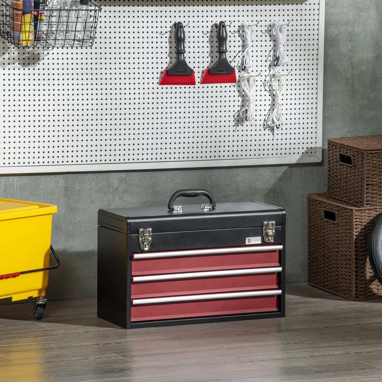 DURHAND 3 Drawer Tool Chest, Lockable Metal Tool Box with Ball Bearing Runners, Portable Toolbox, 510mm x 220mm x 320mm, Black