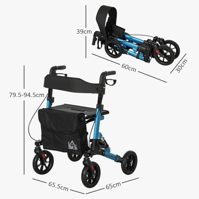 HOMCOM Folding Rollator Walker with Seat, Backrest, Lightweight Walking Frame with Storage Bag, Dual Brakes, Adjustable Handle Height, Suspension System, 4 Wheeled Walker for Seniors, Blue