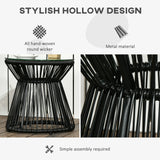 Outsunny Round End Table, Rattan Side Table, Hollow Drum Design Coffee Table w/ Glass Tabletop for Patio, Garden, Balcony Black