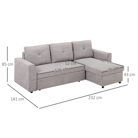 HOMCOM 3 Seater Sofa Bed, L Shaped Pull Out Sofa Bed with Storage, Convertible Click Clack Settee Sectional Sleeper Futon for Living Room, Office, Light Grey