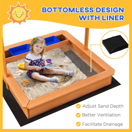 Outsunny Sand Pit Kids Wooden Sandbox with Cover Children Sandpit Play Station Height Adjustable with Canopy, Bottom Liner, Plastic Basins for Outdoor Aged 3-7 Years