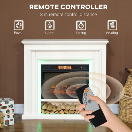 HOMCOM Electric Fireplace with RGB LED Lights, Realistic Flame Effect & 3 Brightness Levels, 1800W Inset Electric Fire and Mantel Reach up to 30 m2 Space with Remote & Timer for Living Room, White