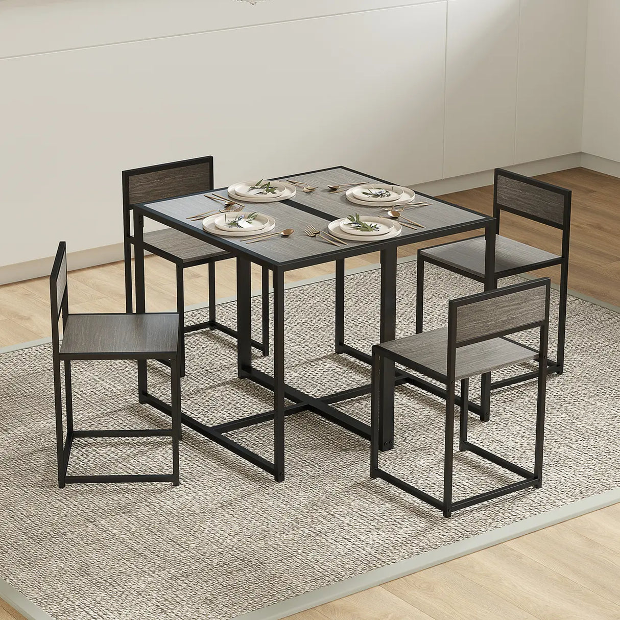 HOMCOM Dining Table and Chairs Set 2, Dining Room Sets, Rectangular Space Saving Table and 2 Chairs for Compact Kitchens, Steel Frame, Grey Wood-Effect
