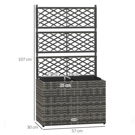 Outsunny 22L Garden PE Rattan Planter with Trellis, Free Standing Flower Raised Bed with Two Plant Boxes for Garden, Garden Planter for Climbing Plants, 57cm x 30cm x 107cm, Mixed Grey