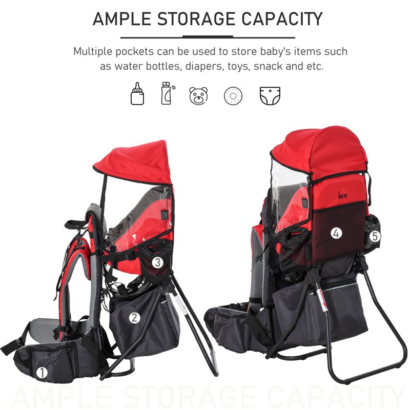 HOMCOM Baby Hiking Backpack Carrier Child Carrier with Ergonomic Hip Seat Detachable Rain Cover Adjustable Straps Stand for Toddler 6 - 36 Months Red