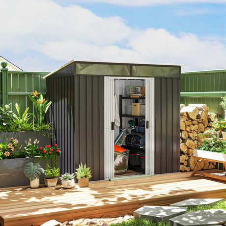 Outsunny 6.5 x 4FT Galvanised Metal Shed with Foundation Kit, Lockable Tool Garden Shed with Double Sliding Doors, Vents, Grey