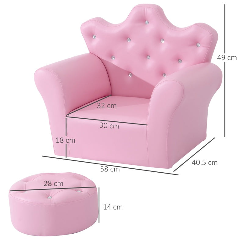 HOMCOM Children Kids Sofa Set Armchair Chair Seat with Free Footstool PU Leather for Girls 58L x 40.5W x 49H cm Pink