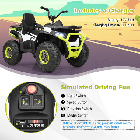 12V Kids Electric 4-Wheeler ATV Quad Ride On Car Toy with LED Lights and Music-Green